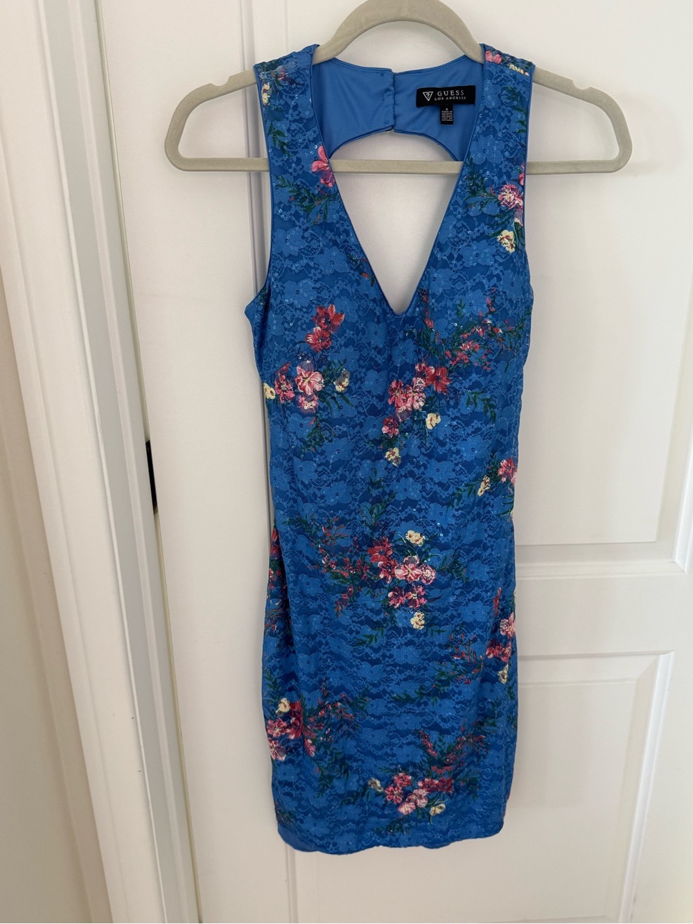 GUESS Royal Blue Floral Lace V-Neck Mini Dress
